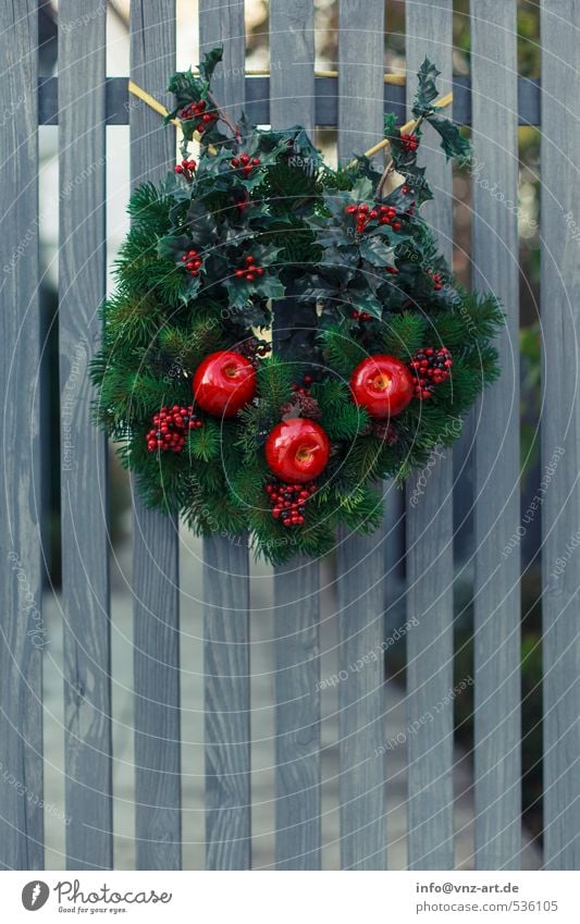 Kranz Herbst Winter Pflanze Grünpflanze Garten rot Adventskranz Weihnachten & Advent Zaun hängen Apfel Tanne Beeren Farbfoto Außenaufnahme Menschenleer