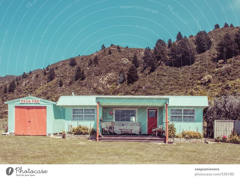 Haus unter den Hügeln Ferien & Urlaub & Reisen Freiheit Sommer Häusliches Leben Schönes Wetter Baum Gras Sträucher Garten Neuseeland Hütte Tür Garage Holz alt