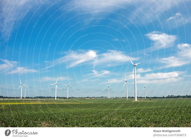 "Frühling lässt sein blaues Band wieder flattern durch dieLüfte", er treibt Windräder in Vorpommern an und verbiegt die Cirruswolken Himmel himmelblau Windrad