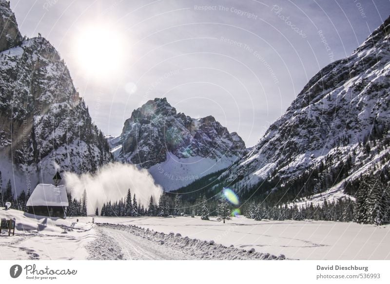 Lawine Ferien & Urlaub & Reisen Expedition Winterurlaub Berge u. Gebirge wandern Landschaft Himmel Schönes Wetter Baum Felsen Alpen blau schwarz weiß Hütte