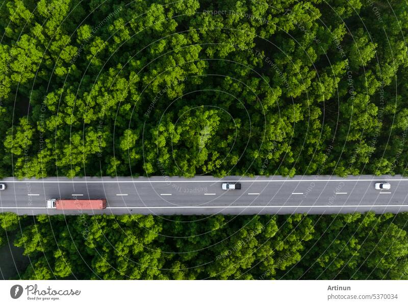 Luftaufnahme eines Autos und eines Lastwagens, die auf einer Autobahn in einem grünen Wald fahren. Nachhaltiger Transport. Drone Ansicht von Wasserstoff-Energie-LKW und Elektrofahrzeug fahren auf Asphalt Straße durch grünen Wald.