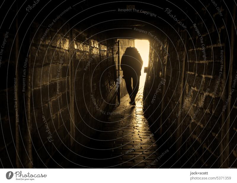 mit eingezogenem Kopf eine kleine und schmale Gasse durchqueren Lübeck historisch Altstadt niedrig Architektur Wege & Pfade Silhouette Gegenlicht Tunnelblick