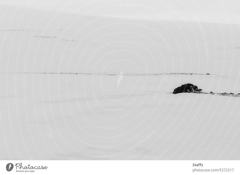 Schneelandschaft auf Island Ostisland Schneedecke verschneit Ost-Island Leere schneebedeckt weiß winterlich Steinhaufen Felsbrocken Islandwetter Ruhe