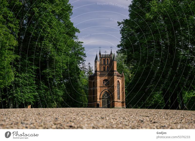 Backsteinkirche inmitten großer Bäume einer Parkanlage | Froschperspektive Kirche Himmel Architektur Außenaufnahme Gebäude Bauwerk Tag Farbfoto Menschenleer