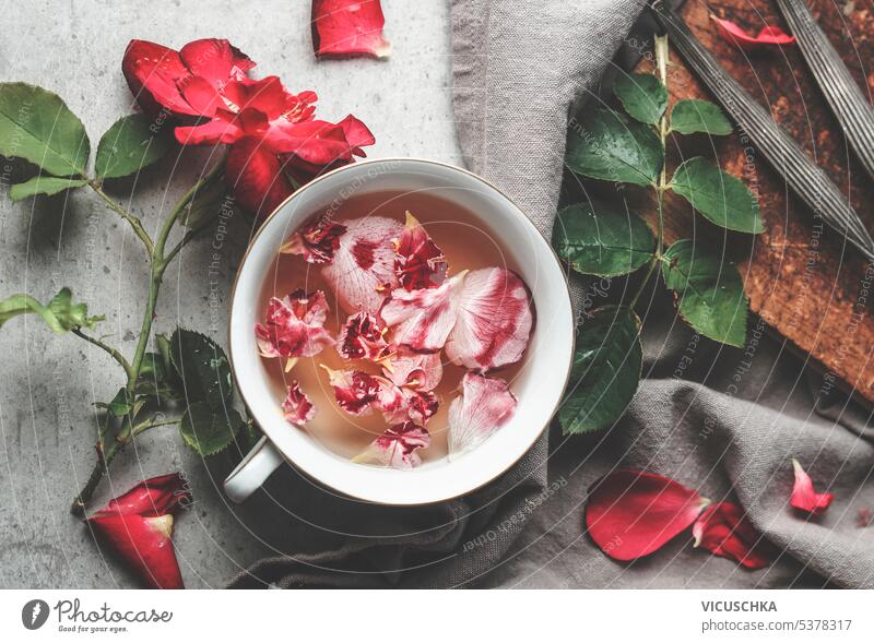 Tasse mit gesundem Beauty-Kräutertee mit Rosenblättern, Ansicht von oben Gesundheit Schönheit Kräuterbuch Tee Roséwein Blütenblätter Draufsicht Blatt Blume