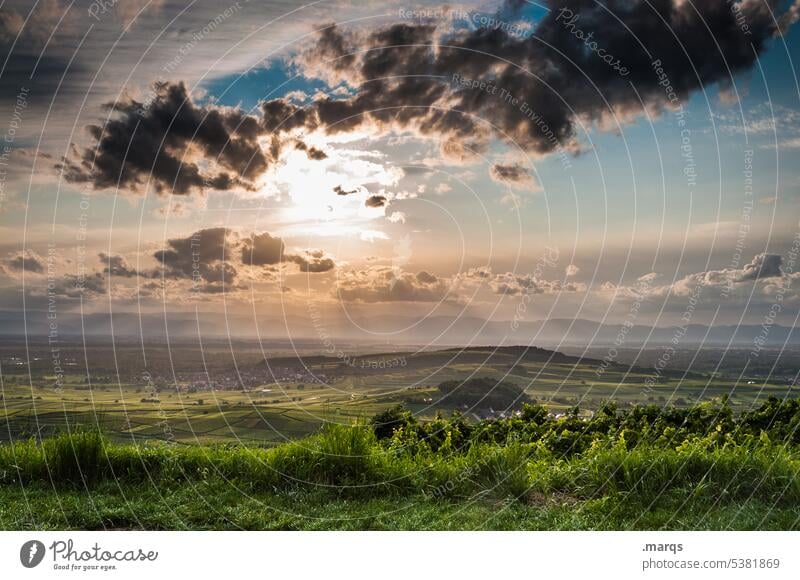 Guten Abend Kaiserstuhl Erholung Weinbau Hügel Himmel Wolken Horizont Schönes Wetter Feld Landschaft Natur Umwelt Ausflug Tourismus Schatten Klima Weingut schön