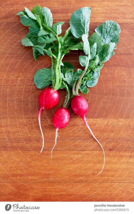 drei rote Gartenradieschen, die auf einer Theke sitzen Rübe rutabaga grünes Blattgemüse Lebensmittel Porree Rucola Rote Beete Rettich Spinat Sellerie Möhre