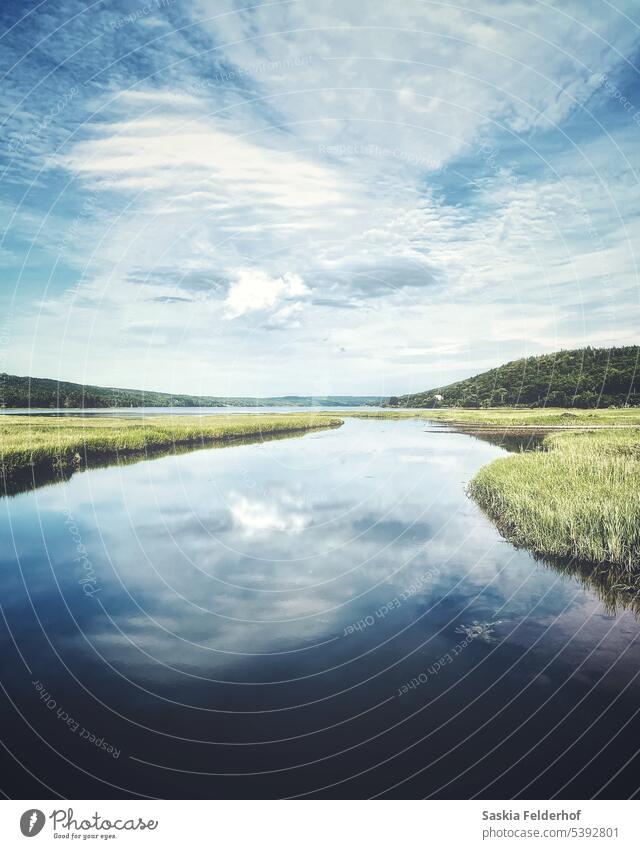 Flusstal Landschaft Reflexion & Spiegelung Himmel Horizont Wasser Wolken Gras Symmetrie Berge Tal blau grün Sommer warm Natur Ansicht malerisch Durchblick