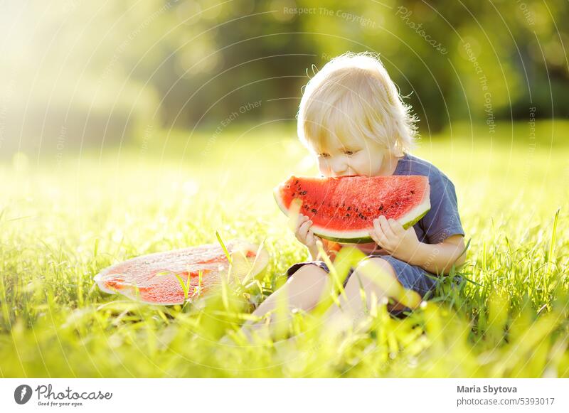 Süßer kaukasischer kleiner Junge mit blonden Haaren isst frische Wassermelone im Freien Kind Lebensmittel genießen Menschen essen Sommer Natur Mädchen weiß