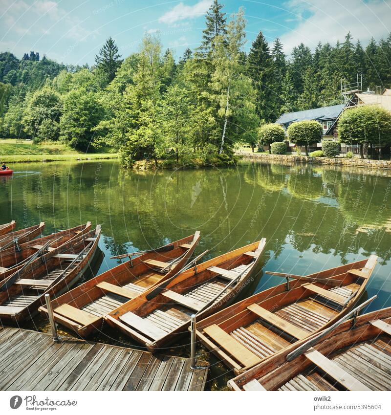 Gondelteich nach dem Regen Ruderboote Gondel (Boot) Binnenschifffahrt Boote Holz Wasserfahrzeug einfach See Seeufer Teich Insel Umwelt Idylle draußen Park