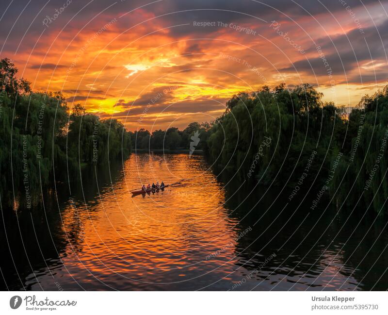 Ein Kanu auf der Alster in Hamburg bei Sonnenuntergang Kanusport Kanutour Fluss Wasser Landschaft Farbfoto Abenddämmerung Freizeit & Hobby Licht Sonnenlicht