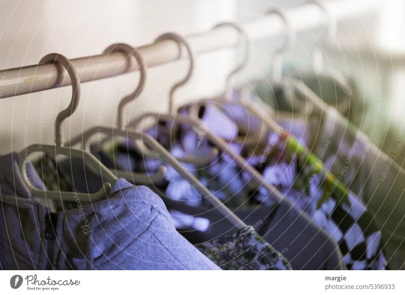 Blick in den Kleiderschrank Kleiderbügel Bügel kleiderstange Bekleidung Kleidung hängen Ordnung Innenaufnahme aufhängen Häusliches Leben Kleiderständer Mode