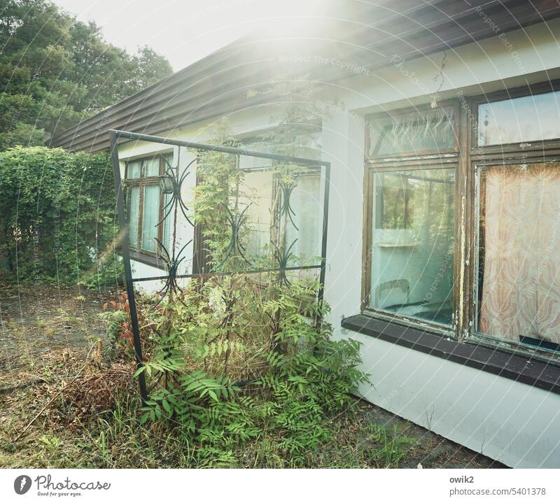 Postsozialistische Urlaubsstimmung Bungalow Feriensiedlung Sträucher Gegenlicht Sonnenlicht Außenaufnahme Ferienhaus glänzen leuchten Menschenleer Wand rustikal