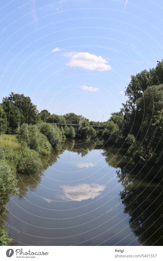 Laune der Natur | ein einsames Wölkchen am Himmel spiegelt sich im Fuss Landschaft Fluss Wolke Spiegelung Flussufer Baum Strauch Werre Reflexion & Spiegelung