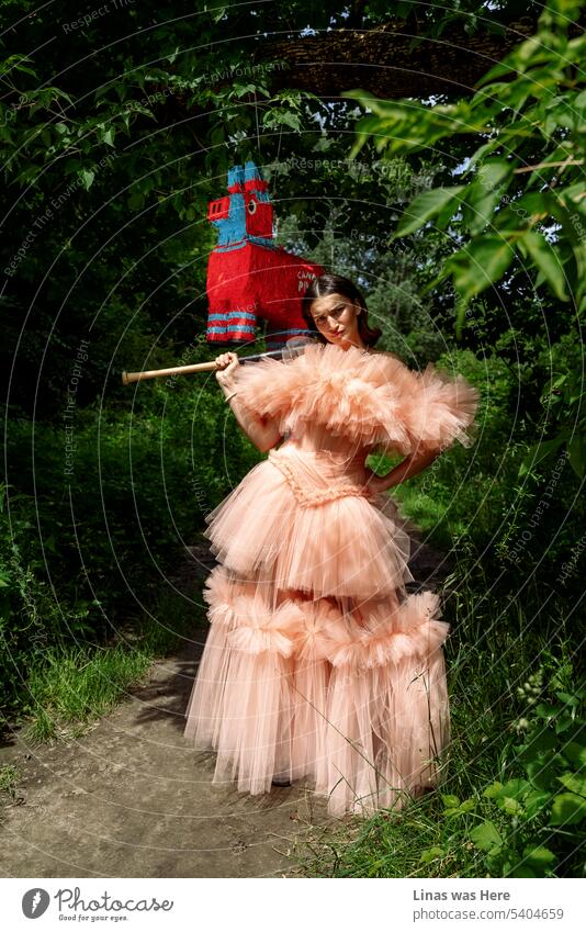 Ein wildes und wunderschönes brünettes Mädchen in einem ausgefallenen Kleid für einen Modelltest gekleidet. Ein bisschen wütend Prinzessin mit einem Baseballschläger steht neben einer bunten Pinata. Großes Grün im Freien an einem schönen Sommertag. Mit einer hübschen Frau.