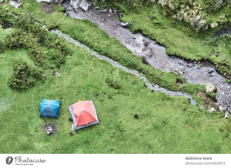 Campingzelte auf grasbewachsenem Gelände in der Nähe eines fließenden Gewässers Campingplatz Zelt Wasser Wald Baum Sommer Umwelt Natur strömen Landschaft