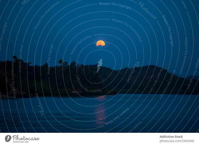 Erstaunlicher Blick auf die Nacht mit orangefarbenem Mond malerisch reflektieren Berge u. Gebirge MEER Himmel Baum Meereslandschaft Landschaft Abend hell Natur