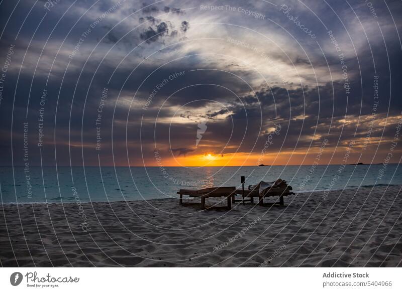 Leere Liegestühle in der Nähe von ruhigen Meer am Strand bei Sonnenuntergang Liegestuhl Sand MEER Natur Windstille Landschaft Himmel malerisch Meereslandschaft