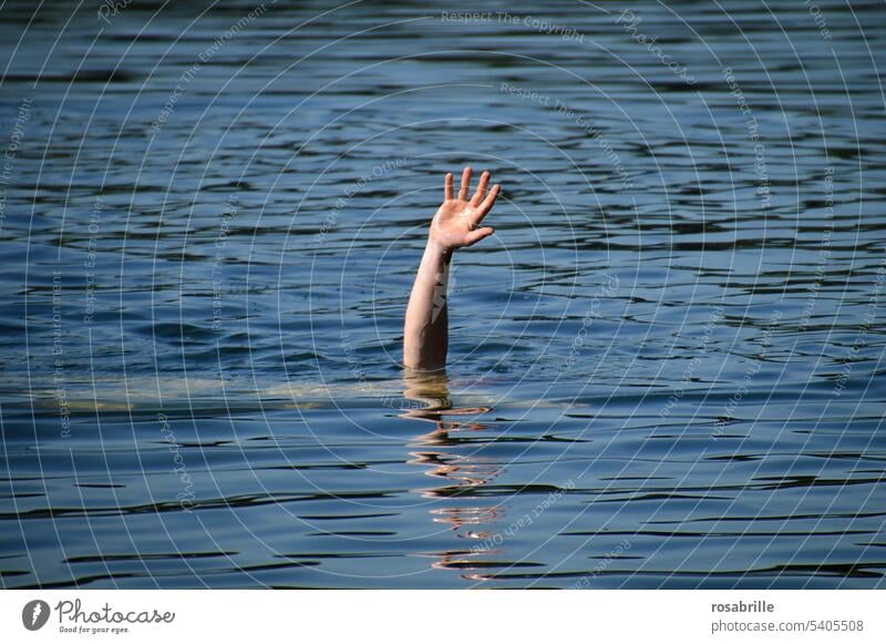 Hand ragt hilfesuchend aus dem See - ein Lebensretter wäre jetzt I hilfreich Hilfe Schwimmen & Baden Notfall Rettung SOS Notruf ertrinken Gefahr gefährlich Arm