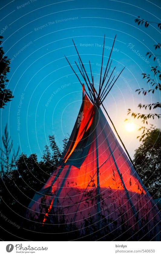 bewohntes Tipi in einer Vollmondnacht. Langzeitbelichtung Natur Feuerstelle Wolkenloser Himmel Indianer Nachthimmel Idylle zelten Wohnzelt Camping Sommer