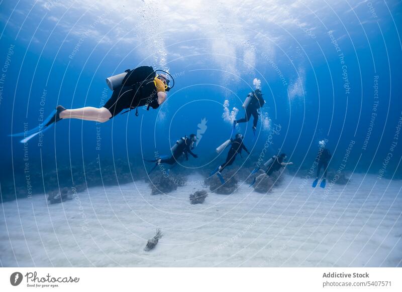 Gruppe von Sporttauchern schwimmt unter Wasser Menschen Tauchgerät Taucher Sinkflug schwimmen Schnorchel Schaumblase Meer Cancun Mexiko amerika MEER Mundschutz