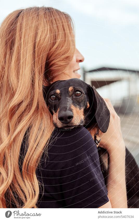 Lächelnde junge Frau, die ihren Hund beim Spaziergang umarmt Besitzer schlendern Zeit verbringen Dackel kuscheln Umarmen Haustier Umarmung Straße Begleiter