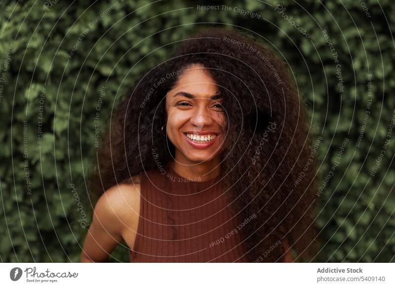 Glückliche ethnische Frau im grünen Garten charmant Lächeln natürlich Schönheit offen krause Haare Afro-Look Frisur Park schwarz Afroamerikaner jung heiter