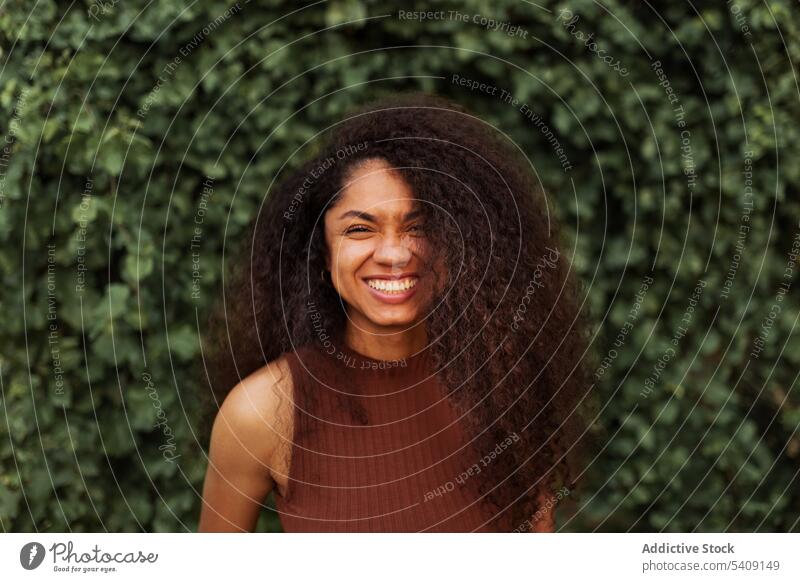 Glückliche ethnische Frau im grünen Garten charmant Lächeln natürlich Schönheit offen krause Haare Afro-Look Frisur Park schwarz Afroamerikaner jung heiter