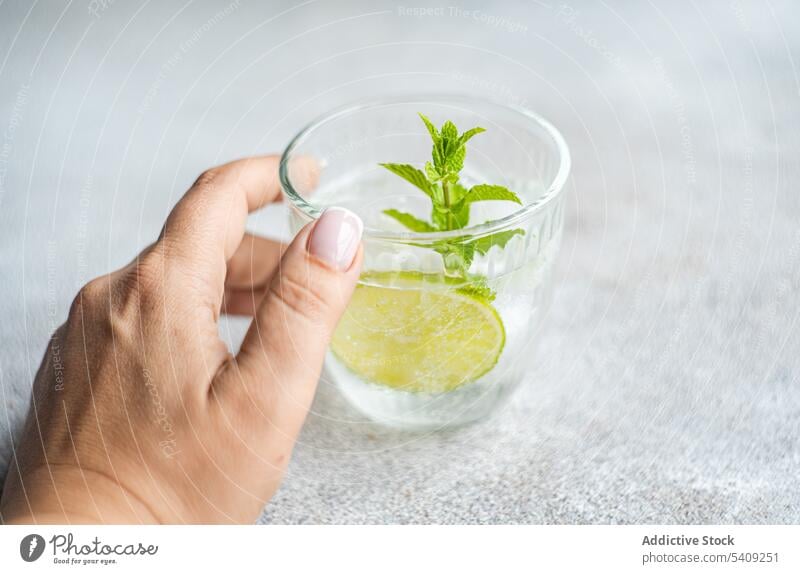 Kropfträger mit Glas Kalk Limonade trinken Erfrischung Minze kalt Getränk Hand Soda geschmackvoll Vitamin lecker Frucht Person Zitrusfrüchte sauer Scheibe Blatt