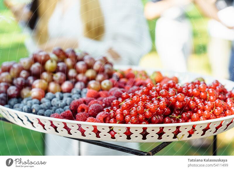 Ein Gericht mit verschiedenen Sommerbeeren, Johannisbeeren, Himbeeren, Blaubeeren, Stachelbeeren, Weintrauben bei einer Veranstaltung im Freien im Sommer frisch