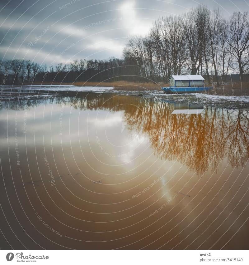 Überwintern Wasseroberfläche Hausboot See Weite Natur draußen Wolken ruhig Landschaft Umwelt Sonnenlicht Tag Farbfoto Spiegelbild Schönes Wetter Horizont Totale