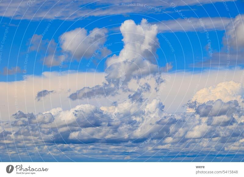 Blue sky with Comulus clouds over valley of river Main in Upper Franconia in Bavaria bad weather bavaria blue copy space Germany landscape nature nobody rural