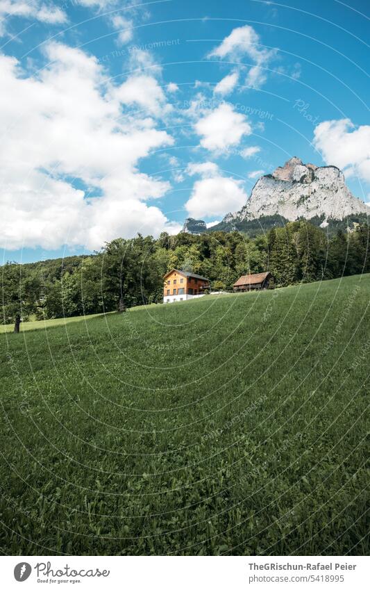 haus auf Wiese vor einem Berg (grosser Mythen) wandern Aussicht Berge u. Gebirge Schweiz Natur Landschaft Alpen Außenaufnahme Farbfoto Tourismus Wolken