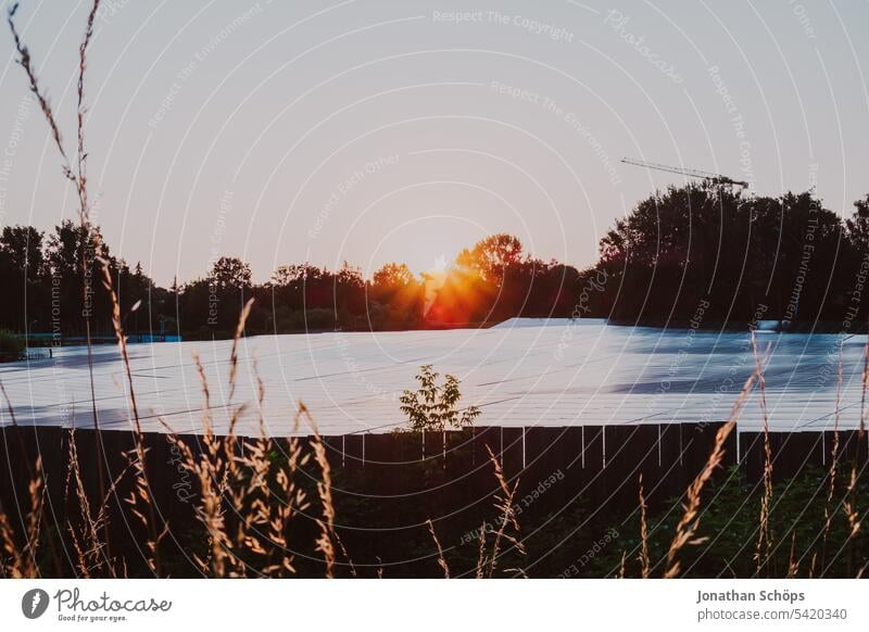 Solardächer auf Garagen in der Abendsonne Dach Fläche Erneuerbare Energie Garagendächer Photovoltaik Photovoltaikanlage Solarenergie Sonnenenergie nachhaltig