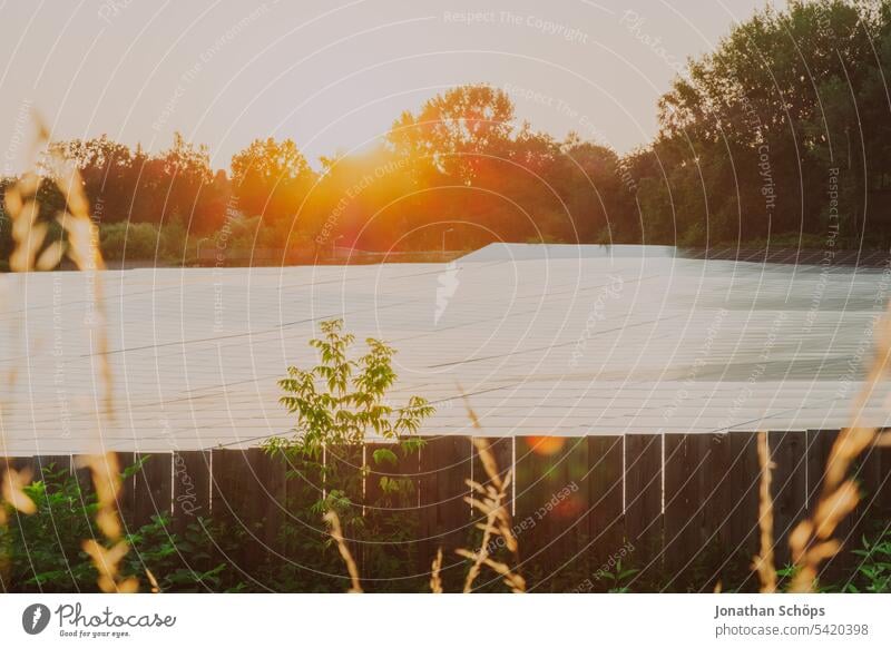 Solardächer auf Garagen in der Abendsonne Dach Fläche Erneuerbare Energie Garagendächer Photovoltaik Photovoltaikanlage Solarenergie Sonnenenergie nachhaltig