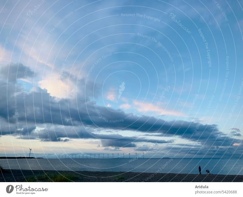 Abend am Meer Wolken Ostsee Abendstimmung blau klar kühl Strand Kinder Siluette Windkraftanlage Horizont Ferien & Urlaub & Reisen Landschaft Tourismus Himmel