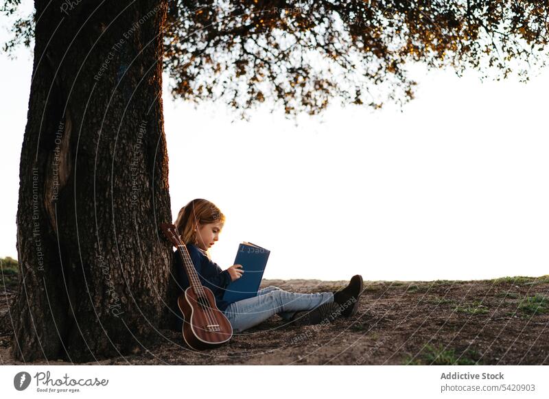 Kleines Mädchen mit Buch unter einem Baum sitzend Kind lesen Natur Feld Kofferraum Sommer lässig Windstille ruhig ernst Konzentration Frau lernen Wiese