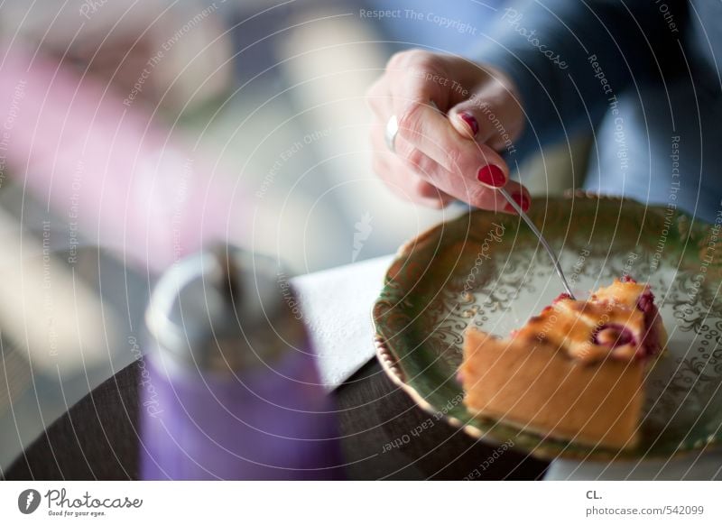 hüftgold Lebensmittel Kuchen Dessert Süßwaren Ernährung Essen Kaffeetrinken Geschirr Teller Gabel Nagellack Mensch feminin Junge Frau Jugendliche Erwachsene