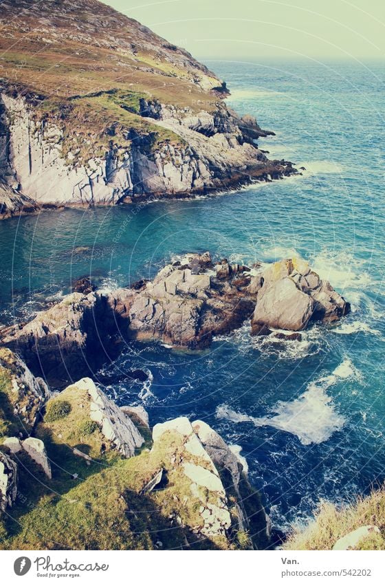 Steinsuppe Ferien & Urlaub & Reisen Meer Insel Natur Landschaft Wasser Himmel Schönes Wetter Gras Felsen Wellen Küste Bucht Atlantik wild blau Gischt Farbfoto