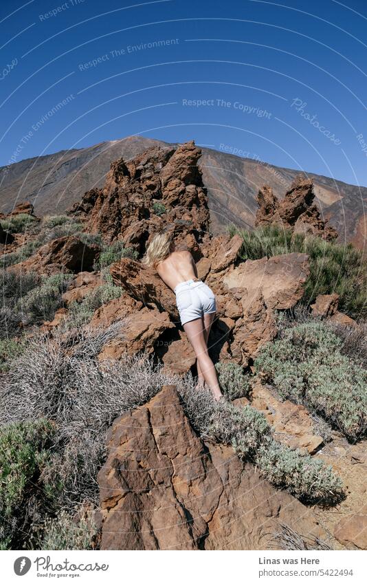 Eine echte vulkanische Aussicht mit dem Vulkan Teide im Hintergrund. Außerdem entspannt sich ein blondes Mädchen oben ohne auf den stacheligen Felsen, die sie umgeben. Ein klarer blauer Himmel auf dem Gipfel von Teneriffa. Und ein entspanntes Sommerurlaubsgefühl mit einer wunderschönen Frau.