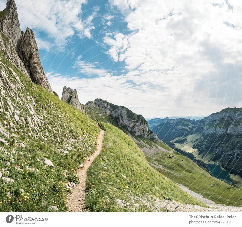 Berge mit Pfad an steilem Hang Aussicht Panorama (Aussicht) Berge u. Gebirge Himmel Wolken Alpstein wanderland Appenzellerland Gras Steine Felsen laufen wandern