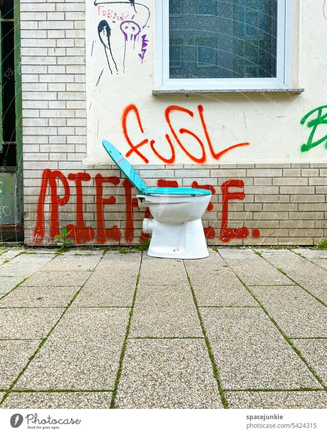 Öffentliche Toilette Wand Außenaufnahme Gebäude Farbfoto Fassade Fenster trist Menschenleer Stadt klodeckel Müll alt Graffiti Schmiererei Sperrmüllentsorgung