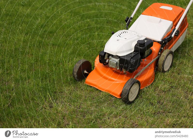 Draufsicht auf einen modernen orange-grauen elektrischen Rasenmäher, der helles, saftiges grünes Gras schneidet. Gartenarbeit Werkzeuge. Rotierende Rasenmähermaschine auf Rasen. Professionelle Rasenpflege Service. Platz für Text