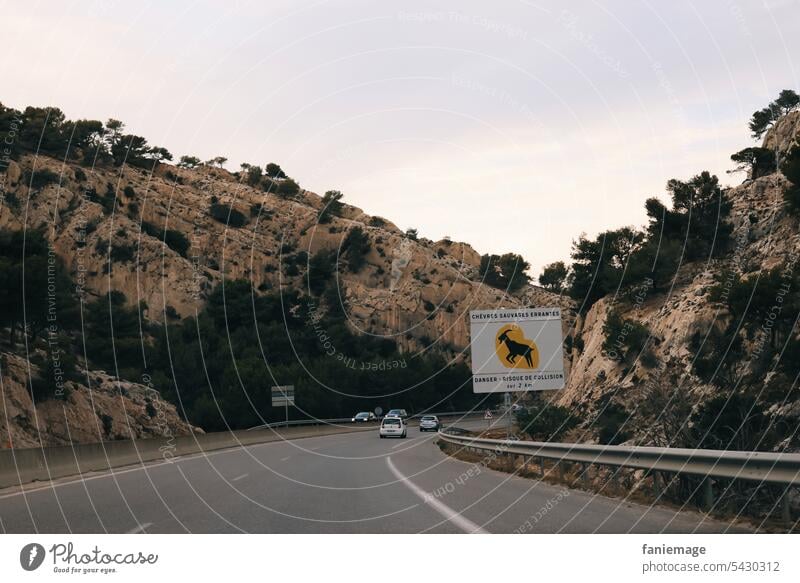 Lustiges Warnschild vor freilaufenden Ziegen an der Landstraße auf dem Rückweg von Martigues Richtung Marseille mit Kalkfelsen im Hintergrund landstraße