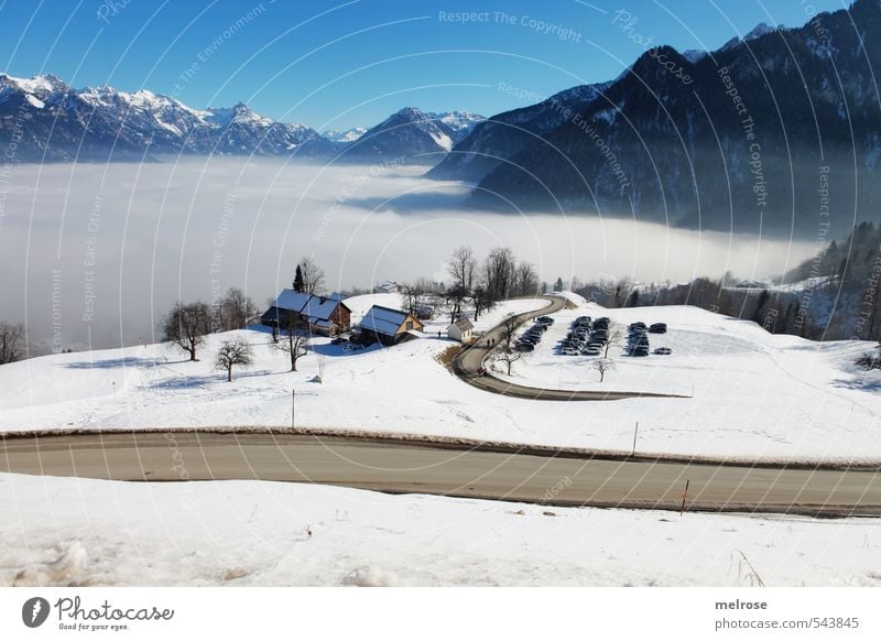 Fernblick Landschaft Himmel Wolkenloser Himmel Sonnenlicht Winter Nebel Schnee Berge u. Gebirge "Bürserberg Tschengla Vorarlberg Schigebiet" "Berg,"