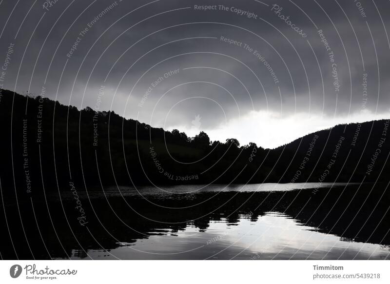 Besondere Stimmung hier am Neckar Fluss Wasser Hügel Wald Spiegelung Himmel Wolken dunkel hell und dunkel Reflexion & Spiegelung Licht Natur Menschenleer Umwelt