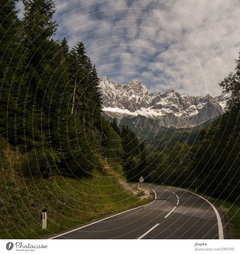 to the mountains Natur Landschaft Wolken Herbst Schönes Wetter Schnee Baum Tanne Wald Berge u. Gebirge Gipfel Schneebedeckte Gipfel Straße Landstraße fahren