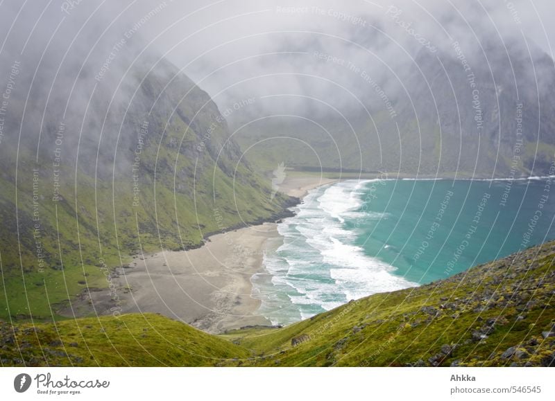 Nebelbucht Sinnesorgane Erholung ruhig Abenteuer Berge u. Gebirge wandern Natur Landschaft Wolken Wellen Küste Strand Bucht Meer blau grün Stimmung Wahrheit