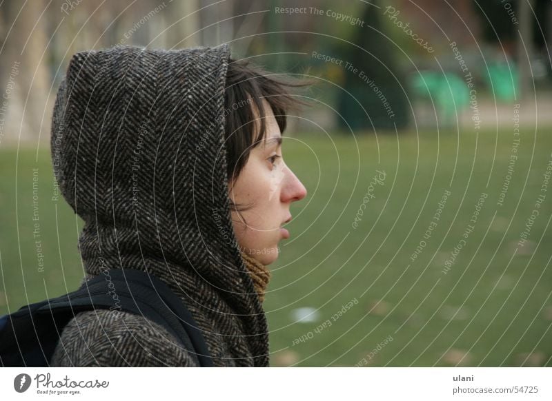 mit Kaputze Winter Herbst Frau Silhouette Porträt Kapuze Profil brünett.