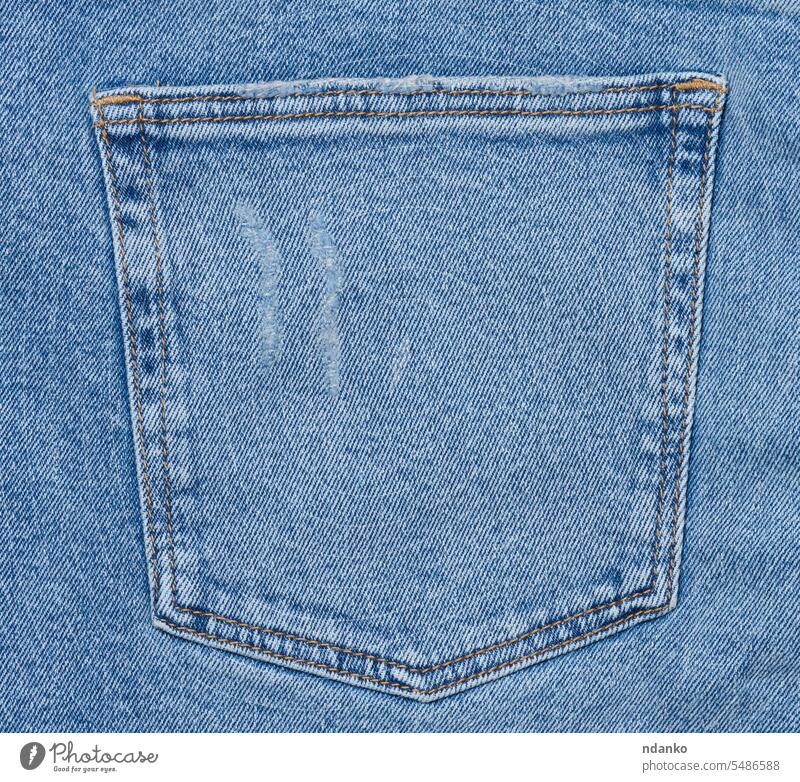 Gesäßtasche einer Bluejeans Jeanshose Hose Tasche Fuge sticken Textil Textur anhaben Bekleidung Rücken blau Leinwand lässig Nahaufnahme Baumwolle Jeansstoff